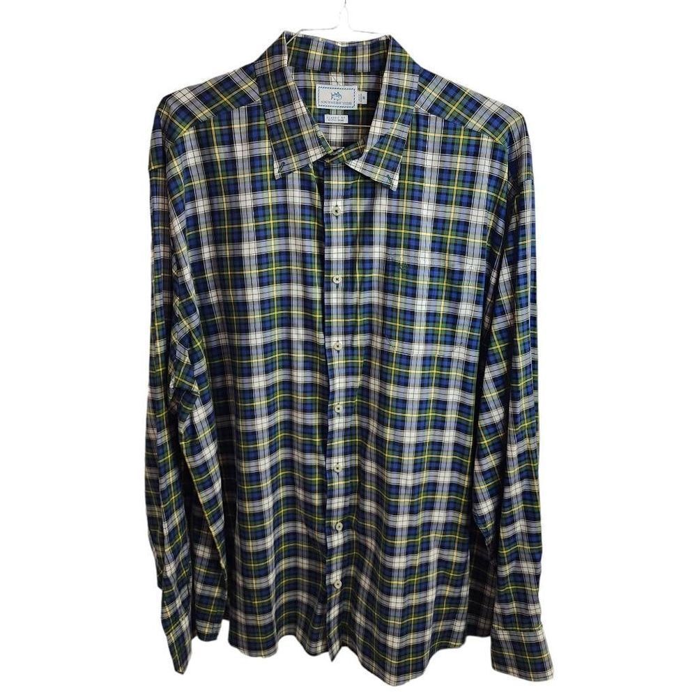 Southern Tide Men's Classic Fit Plaid Yellow Blue Button Down Shirt Size XXL Ver